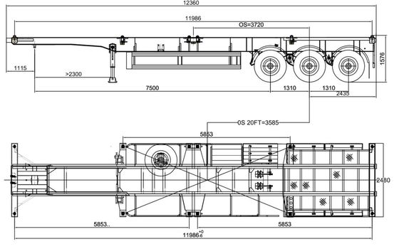 Q345B Faisceau principal 3 essieux 50 t Semi-remorque à squelette pour 40 45 48 53FT conteneur